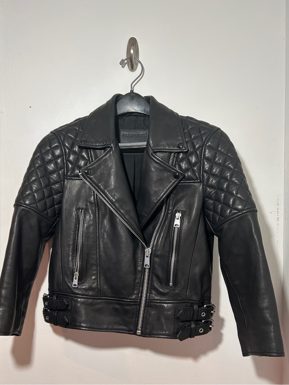 All Saints Black Quilted Leather Moto Jacket Size 4 with 3/4 sleeves